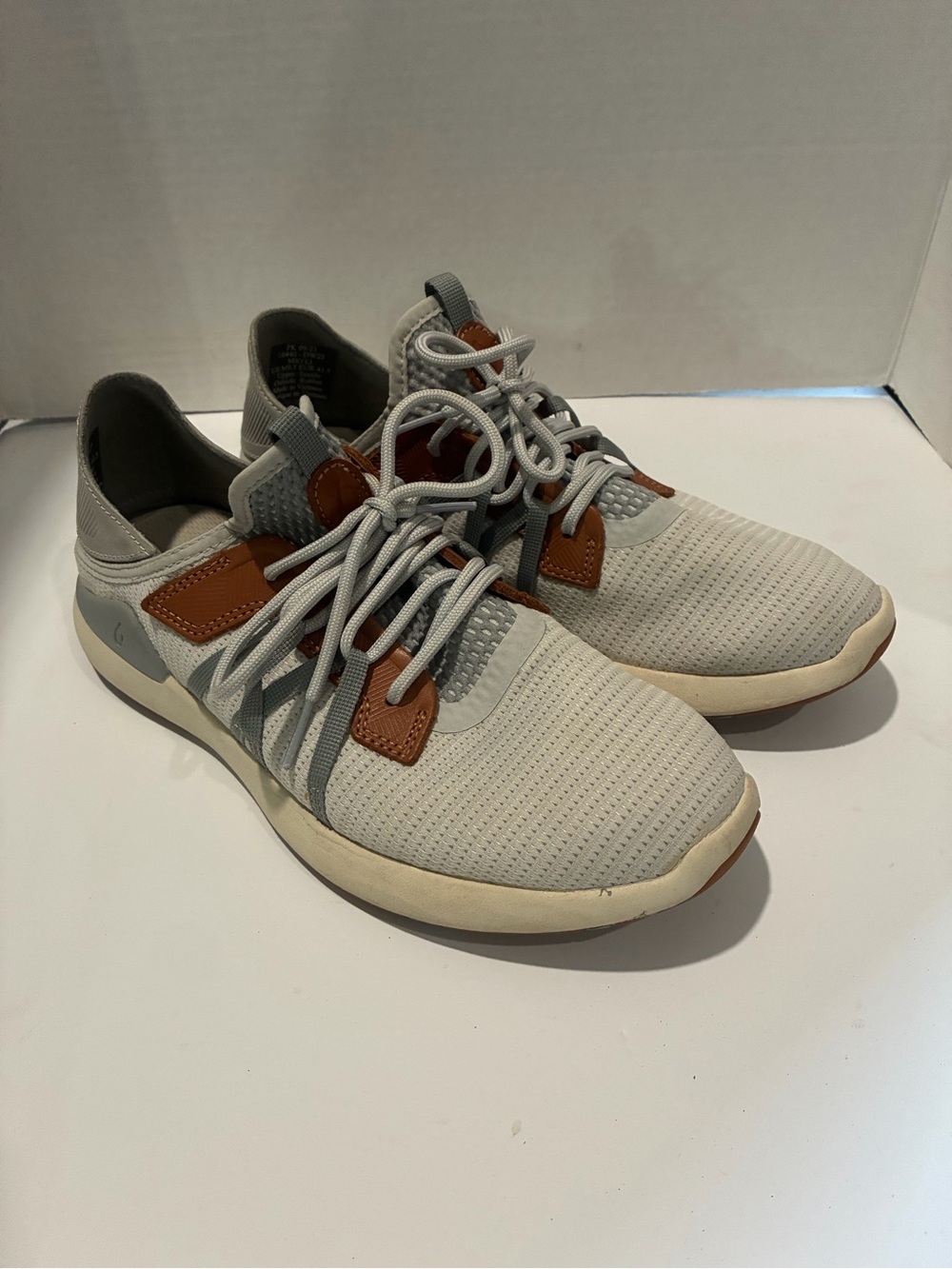 OluKai Light Gray Sneakers with Brown Leather Accents